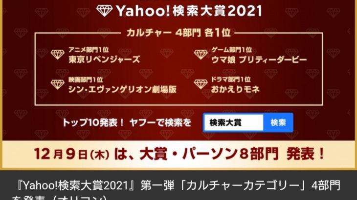 【Yahoo!検索大賞2021】アニメ部門は1位『東リベ』2位『呪術廻戦』3位『鬼滅の刃』　ゲームは『ウマ娘』、映画は『シン・エヴァ』が1位