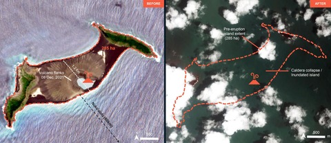 【トンガやばい】衛星写真の解析で噴火後に陸地が消滅したことが判明