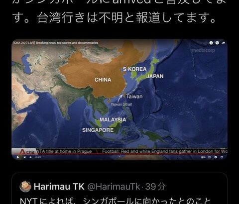 【速報】ペロシ下院議長、中国のガチ警告にビビって結局シンガポールに到着。「…台湾？」