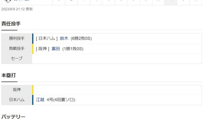【交流戦】日ハム４ー０阪神　試合結果　エスコンF　2023/6/9