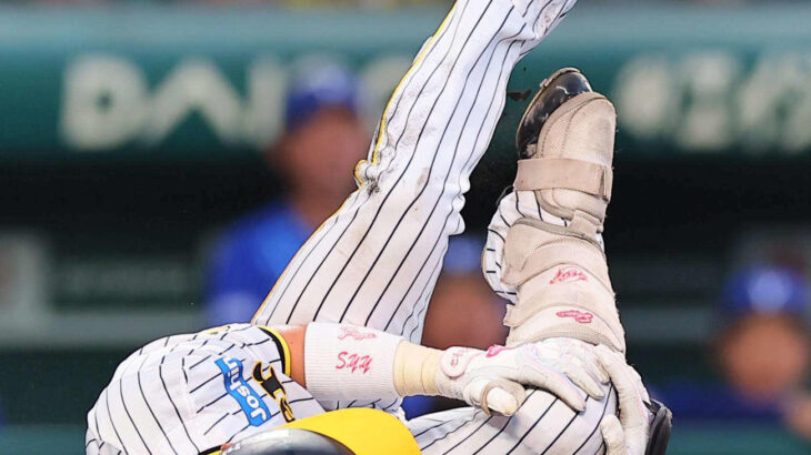 【阪神】木浪聖也ヒヤリ…バウアーの148キロ強振で自打球が左膝付近直撃、しばらく動けず