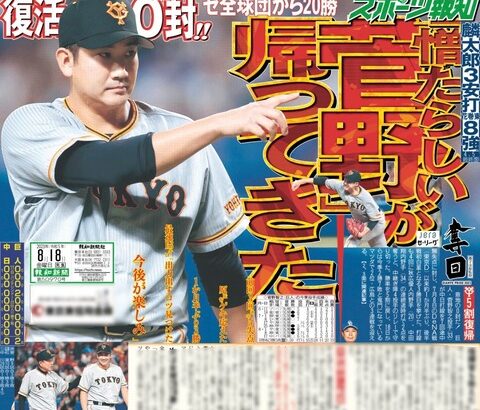 【朗報】巨人・菅野「出力を出すコツを見つけた。今後が楽しみ」 中日戦で覚醒