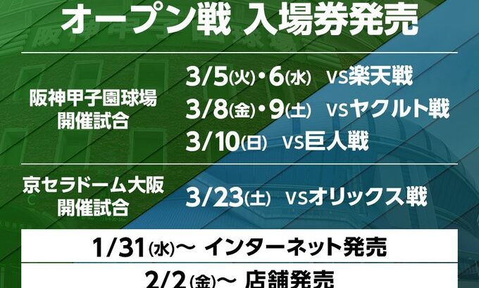阪神タイガース主催オープン戦チケット、1/31より販売開始！
