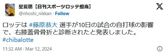 ロッテ・藤原恭大、右膝蓋骨骨折　球団が発表