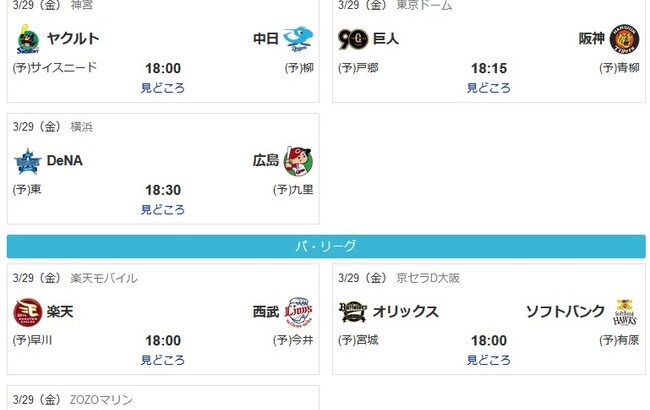 NPB開幕戦、6試合中5試合が全国中継