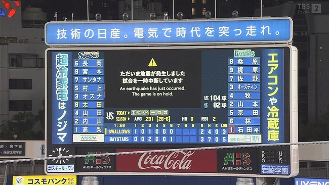 【DeNA対ヤクルト18回戦】神奈川県西部で震度5弱の地震…横浜スタジアムのDeNA対ヤクルト戦も一時中断