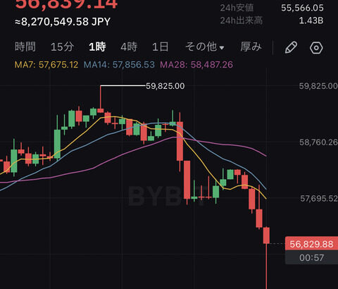 【速報】ビットコイン、一時55,000ドル台まで急落する・・・【BTC】