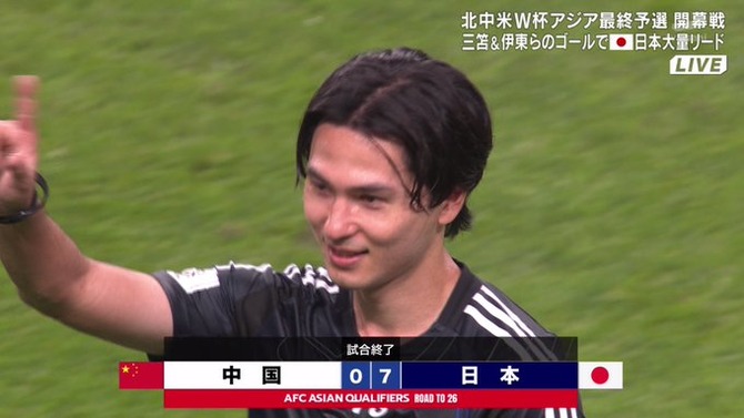 【最高すぎる】サッカー日本代表、中国相手に7-0！！伊藤、南野、久保らゴール！！！