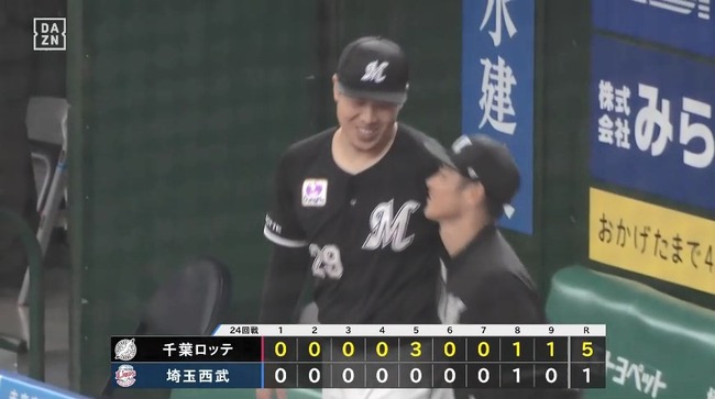 【西武対ロッテ24回戦】ロッテが５－１で西武に勝利し連敗ストップ！佐藤が五回に先制３ラン！先発の西野は八回途中５安打１失点で９勝目！