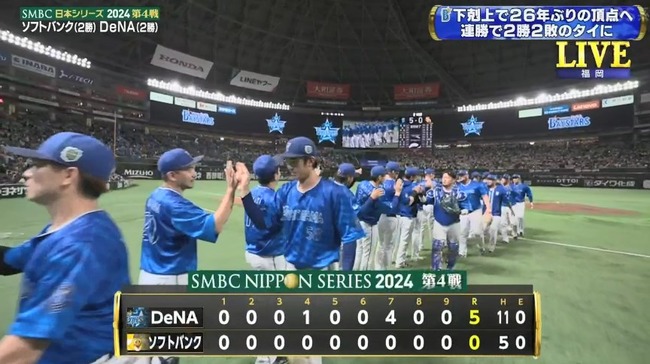 【日本シリーズ第4戦】DeNAが５－０でソフトバンクに連勝しタイに戻す！ケイら３投手で圧巻の完封リレー！オースティンＶ弾！ソフトバンクは連敗で本拠地胴上げ消滅