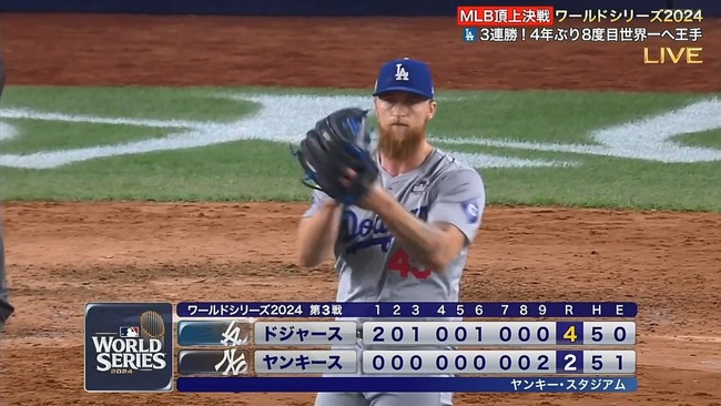 【ワールドシリーズ第3戦】ドジャースが４対２勝利、ヤンキースに３連勝で世界一に王手！ 左肩負傷の大谷翔平フル出場、３打数無安打・２四死球