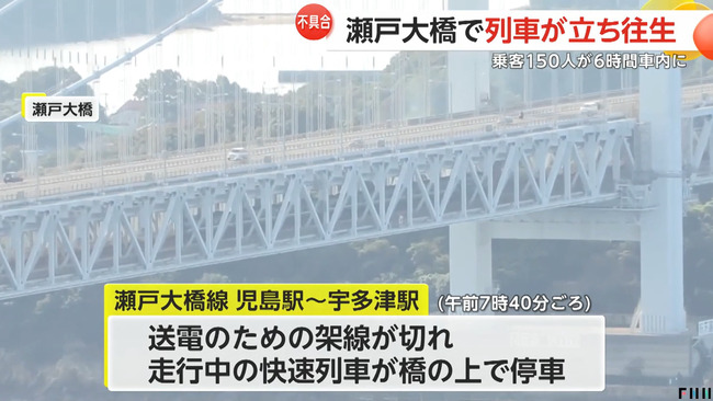 瀬戸大橋で停止した列車、乗客が6時間もすし詰め状態だった