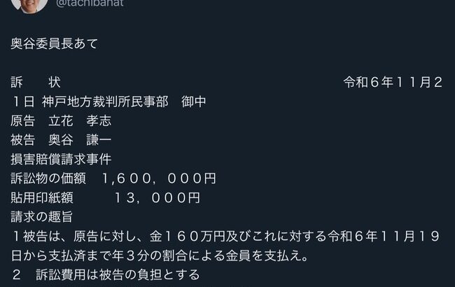 立花孝志さん、早くも奥谷・百条委員会委員長に名誉毀損訴訟を起こす😨