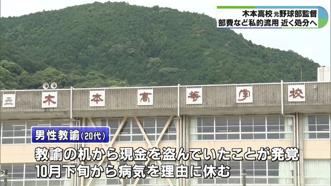 【高校野球】野球部監督を務めていた20代男性教諭、校内で現金盗み 部費 約80万円も私的流用「借金返済に充てた」 三重県立木本高校