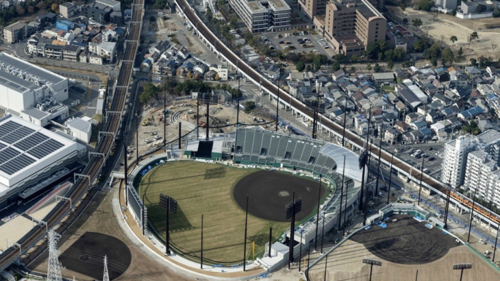 12月末時点の空から見たゼロカーボンベースボールパーク の工事進捗