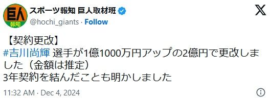 巨人吉川尚輝1.1億増の2億×3年契約 wwwwwwwwwwwwwwwwwwwwwwwwwww