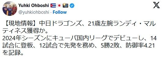 中日ドラゴンズ、21歳左腕ランディ・マルティネス獲得か