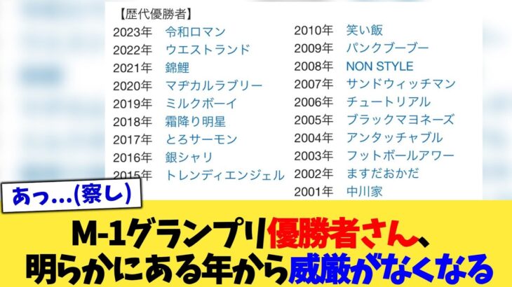 【衝撃】M-1グランプリ優勝者さん、明らかにある年から威厳がなくなる