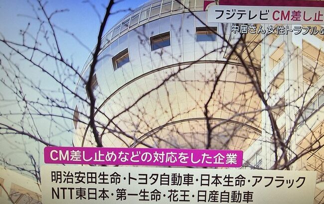 フジテレビ撤退企業→日本生命、明治安田生命、トヨタ、アフラック、NTT東日本、日産、花王