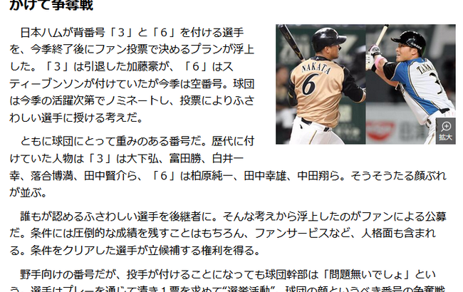 日本ハム　ファン公募で背番号決める！？秋番号「３」「６」は１年かけて争奪戦