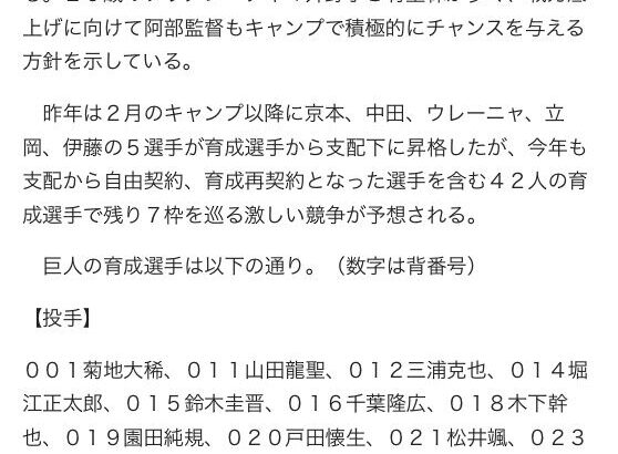 【巨人】育成選手４２人で競争　支配下残り７枠の激戦　昨年は５選手が昇格