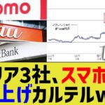 【驚愕】キャリア3社、スマホ料金値上げカルテルww