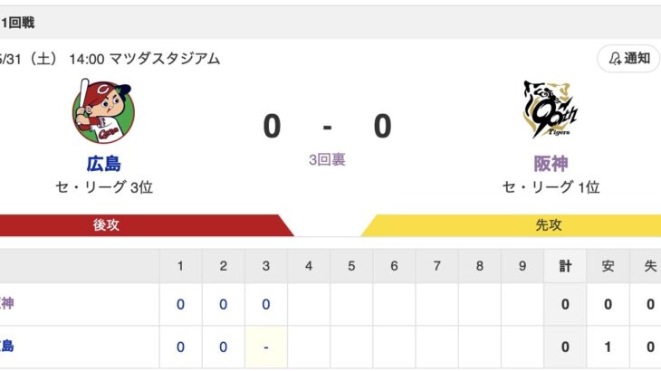 【虎実況】[5月31日]阪神 vs カープ 11回戦（マツダ）14:00～