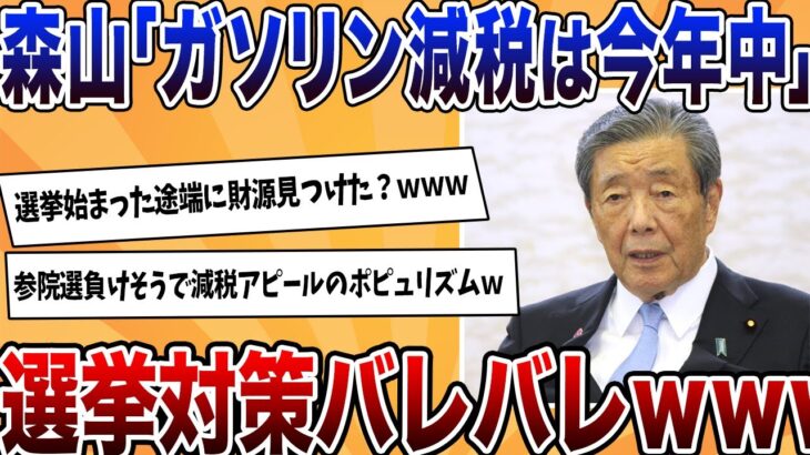 【動画】自民森山「ガソリン減税は今年中や!」←選挙対策のポピュリズムを極めるwwww