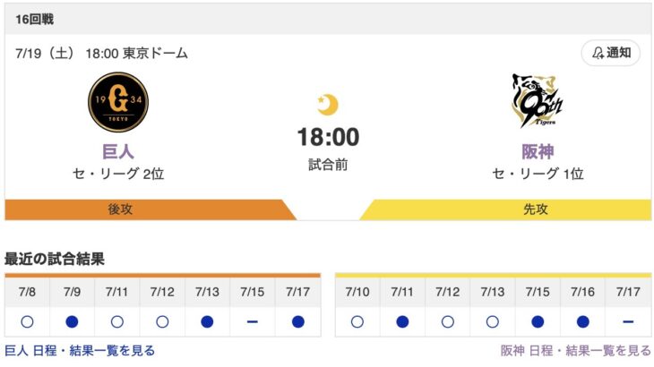 【虎実況】[7月19日] 阪神 vs 巨人 16回戦（東京D）18:00～