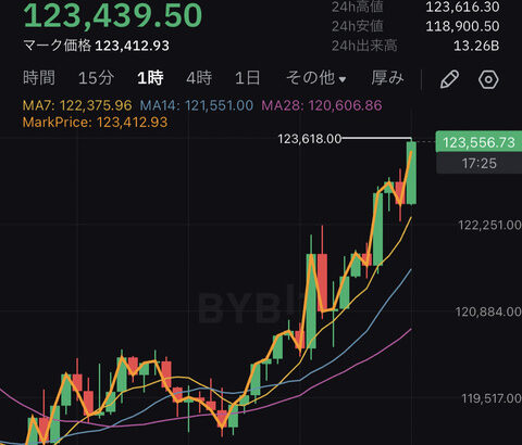 【速報】ビットコイン123,600ドルを一時突破！史上最高値更新ｷﾀ━━━(ﾟ∀ﾟ)━━━!!【BTC】