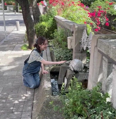 南後杏子アナ　亀の頭を撫でる！！【GIF動画あり】