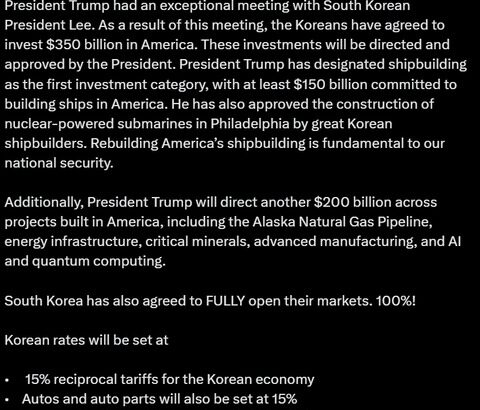 米韓関税交渉妥結ひと晩明けて「もう齟齬が出てる」⇒ ラトニック商務長官「韓国が100%市場を開放するってよ」