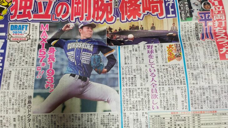 サンスポ『阪神のハズレ1位は平川』『上位で独立剛腕　篠崎』