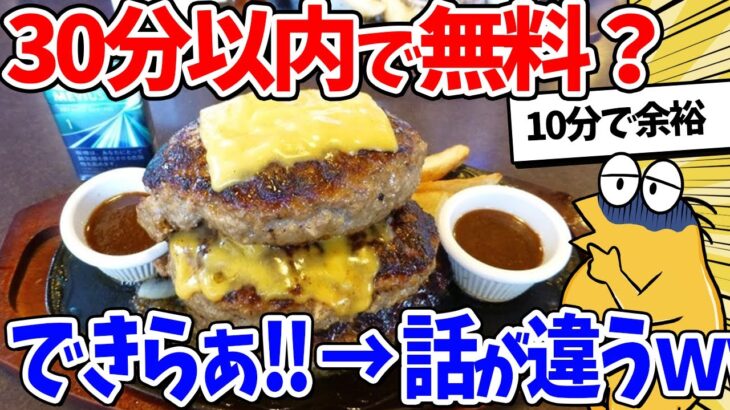 【仰天】彡(^)(^)「ハンバーグ30分以内に食べ切れたら無料の上に食事券2000円?」→結果www