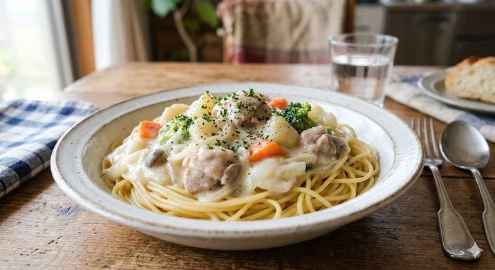 茹でたスパゲッティにホワイトシチューかけるのあり？