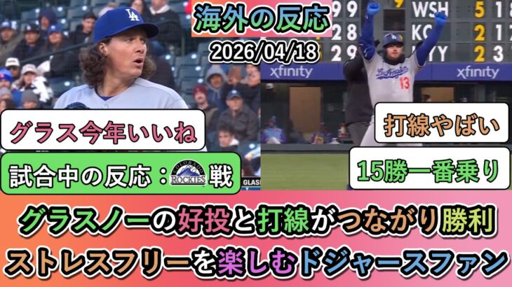 【マジかよ】グラスノーの好投と打線がつながり勝利!ストレスフリーを楽しむドジャースファン